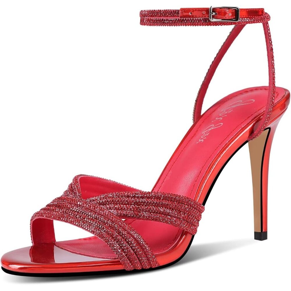Women's Red Rhinestone High Heel Sandals Sparkly Stilettos Heeled Strap